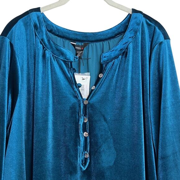 Intro Womens Tunic 2X Dark Teal Velvet Split Neck Long Sleeve Stretch Jewel Tone - Picture 2 of 8